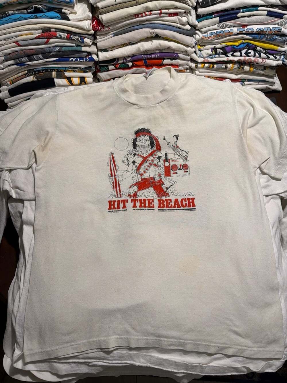 Vintage 80s Jerzees Rambo Parody Hit The Beach Graphic T-Shirt Single Stitch L